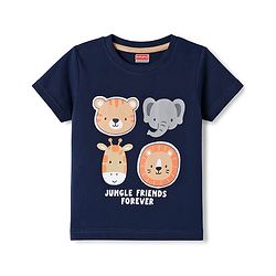 Babyhug 100% Cotton Knit Half Sleeves T-Shirt with Animal Face Applique - Navy