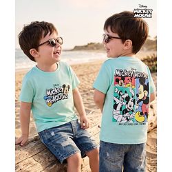 Babyhug Disney Cotton Knit Half Sleeves T-Shirt with Front & Back Mickey & Friends Print - Sea Green