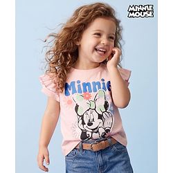 Babyhug Disney Single Jersey Knit Half Sleeves T-Shirts with Minnie Mouse Graphics & Frill Detailing - Pink