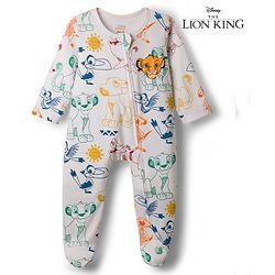Babyhug Disney Interlock Knit Full Sleeves Footed Sleepsuit With Lion King Graphics - White