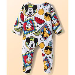 Babyhug Disney Interlock Knit Full Sleeves Footed Sleepsuit with Mickey & Friends Print - White