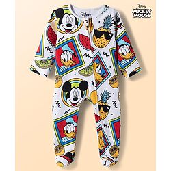 Babyhug Disney Interlock Knit Full Sleeves Footed Sleepsuit with Mickey & Friends Print - White