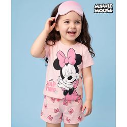 Babyhug Disney Single Jersey Knit Half Sleeves T-Shirt & Shorts Night Suit with Minnie Mouse Print - Pink