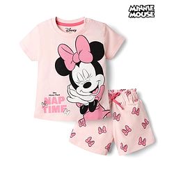 Babyhug Disney Single Jersey Knit Half Sleeves T-Shirt & Shorts Night Suit with Minnie Mouse Print - Pink
