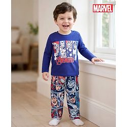 Babyhug Marvel Single Jersey Knit Full Sleeves T-Shirt & Pyjama Night-Suit With Avengers Graphics - Blue