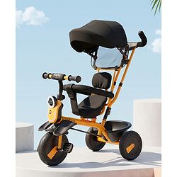 Babyhug AeroGlide 3-in-1 Tricycle with 360° Swivel Seat - Orange| Light & Music| Parent Push Handle| Adjustable Canopy| Puncture-Proof Rubber Wheels| Storage Baskets| Footrest- Yellow