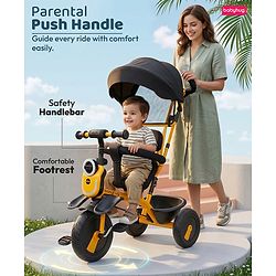 Babyhug AeroGlide 3-in-1 Tricycle with 360° Swivel Seat - Orange| Light & Music| Parent Push Handle| Adjustable Canopy| Puncture-Proof Rubber Wheels| Storage Baskets| Footrest- Yellow