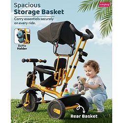 Babyhug AeroGlide 3-in-1 Tricycle with 360° Swivel Seat - Orange| Light & Music| Parent Push Handle| Adjustable Canopy| Puncture-Proof Rubber Wheels| Storage Baskets| Footrest- Yellow