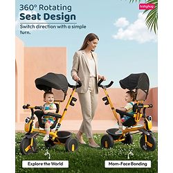 Babyhug AeroGlide 3-in-1 Tricycle with 360° Swivel Seat - Orange| Light & Music| Parent Push Handle| Adjustable Canopy| Puncture-Proof Rubber Wheels| Storage Baskets| Footrest- Yellow