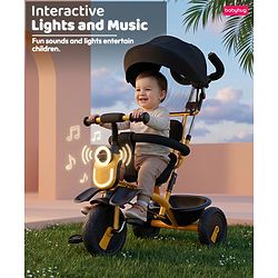 Babyhug AeroGlide 3-in-1 Tricycle with 360° Swivel Seat - Orange| Light & Music| Parent Push Handle| Adjustable Canopy| Puncture-Proof Rubber Wheels| Storage Baskets| Footrest- Yellow