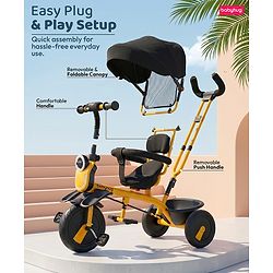 Babyhug AeroGlide 3-in-1 Tricycle with 360° Swivel Seat - Orange| Light & Music| Parent Push Handle| Adjustable Canopy| Puncture-Proof Rubber Wheels| Storage Baskets| Footrest- Yellow