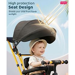 Babyhug AeroGlide 3-in-1 Tricycle with 360° Swivel Seat - Orange| Light & Music| Parent Push Handle| Adjustable Canopy| Puncture-Proof Rubber Wheels| Storage Baskets| Footrest- Yellow