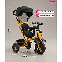 Babyhug AeroGlide 3-in-1 Tricycle with 360° Swivel Seat - Orange| Light & Music| Parent Push Handle| Adjustable Canopy| Puncture-Proof Rubber Wheels| Storage Baskets| Footrest- Yellow