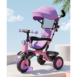 Babyhug AeroGlide 3-in-1 Tricycle with 360° Swivel Seat - Orange| Light & Music| Parent Push Handle| Adjustable Canopy| Puncture-Proof Rubber Wheels| Storage Baskets| Footrest- Yellow