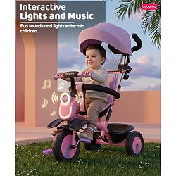Babyhug AeroGlide 3-in-1 Tricycle with 360° Swivel Seat - Orange| Light & Music| Parent Push Handle| Adjustable Canopy| Puncture-Proof Rubber Wheels| Storage Baskets| Footrest- Yellow