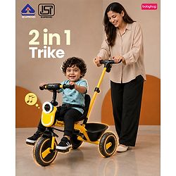 Babyhug AeroGlide 2-in-1 Tricycle - Yellow| Light & Music| Parent Push Handle| Adjustable Canopy| Puncture-Proof Rubber Wheels| Storage Baskets- Yellow