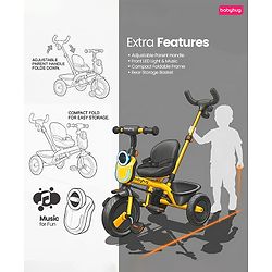Babyhug AeroGlide 2-in-1 Tricycle - Yellow| Light & Music| Parent Push Handle| Adjustable Canopy| Puncture-Proof Rubber Wheels| Storage Baskets- Yellow