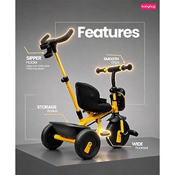 Babyhug AeroGlide 2-in-1 Tricycle - Yellow| Light & Music| Parent Push Handle| Adjustable Canopy| Puncture-Proof Rubber Wheels| Storage Baskets- Yellow