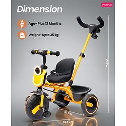 Babyhug AeroGlide 2-in-1 Tricycle - Yellow| Light & Music| Parent Push Handle| Adjustable Canopy| Puncture-Proof Rubber Wheels| Storage Baskets- Yellow