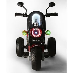 Babyhug Three Wheel Battery Operated Ride On Bike with Music & Lights - Black Red| Foot Pedal Accelerator| Forward & Reverse Drive| Rechargeable Battery| 2 to 6 Years| Aux Music| easy to Assemble