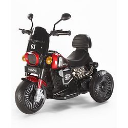 Babyhug Three Wheel Battery Operated Ride On Bike with Music & Lights - Black Red| Foot Pedal Accelerator| Forward & Reverse Drive| Rechargeable Battery| 2 to 6 Years| Aux Music| easy to Assemble