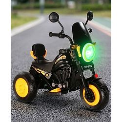 Babyhug Three Wheel Battery Operated Ride On Bike with Music & Lights - Black Yellow| Foot Pedal Accelerator| Forward & Reverse Drive| Rechargeable Battery| 2 to 6 Years| Aux Music| easy to Assemble
