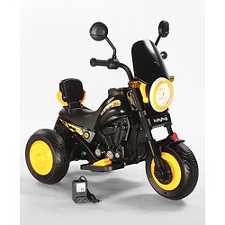 Babyhug Three Wheel Battery Operated Ride On Bike with Music & Lights - Black Yellow| Foot Pedal Accelerator| Forward & Reverse Drive| Rechargeable Battery| 2 to 6 Years| Aux Music| easy to Assemble