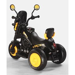Babyhug Three Wheel Battery Operated Ride On Bike with Music & Lights - Black Yellow| Foot Pedal Accelerator| Forward & Reverse Drive| Rechargeable Battery| 2 to 6 Years| Aux Music| easy to Assemble