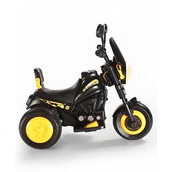 Babyhug Three Wheel Battery Operated Ride On Bike with Music & Lights - Black Yellow| Foot Pedal Accelerator| Forward & Reverse Drive| Rechargeable Battery| 2 to 6 Years| Aux Music| easy to Assemble