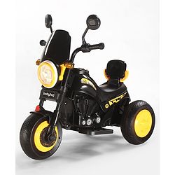 Babyhug Three Wheel Battery Operated Ride On Bike with Music & Lights - Black Yellow| Foot Pedal Accelerator| Forward & Reverse Drive| Rechargeable Battery| 2 to 6 Years| Aux Music| easy to Assemble