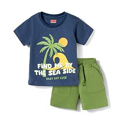 Babyhug Single Jersey Knit Half Sleeves T-Shirt & Shorts Set With Beach Theme Print - Navy Blue & Olive Green