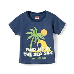 Babyhug Single Jersey Knit Half Sleeves T-Shirt & Shorts Set With Beach Theme Print - Navy Blue & Olive Green