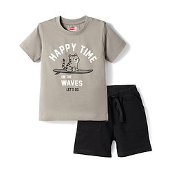 Babyhug Single Jersey Knit Half Sleeves T-Shirt & Shorts Set With Cat Print - Grey & Black