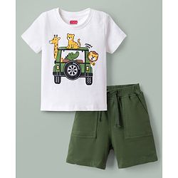 Babyhug Single Jersey Knit Half Sleeves T-Shirt & Shorts Set With Animal Print - White & Olive Green
