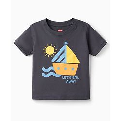 Babyhug Single Jersey Knit Half Sleeves T-Shirt & Shorts Set With Boat Print - Grey