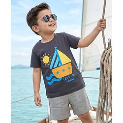 Babyhug Single Jersey Knit Half Sleeves T-Shirt & Shorts Set With Boat Print - Grey