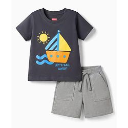 Babyhug Single Jersey Knit Half Sleeves T-Shirt & Shorts Set With Boat Print - Grey