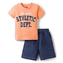 Babyhug Single Jersey Knit Half Sleeves T-Shirt & Shorts Set With Text Print - Peach