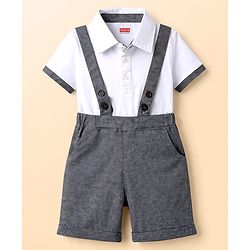 Babyhug Single Jersey Knit Half Sleeves Solid Polo T-Shirt & Shorts Set - White & Grey