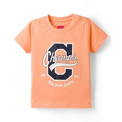 Babyhug Single Jersey Knit Half Sleeves T-Shirt & Denim Shorts Set With Text Print - Peach & Blue