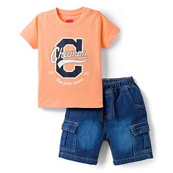 Babyhug Single Jersey Knit Half Sleeves T-Shirt & Denim Shorts Set With Text Print - Peach & Blue