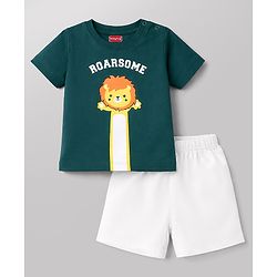 Babyhug Single Jersey Knit Half Sleeves T-Shirt & Shorts Set with Lion Print - Green & White