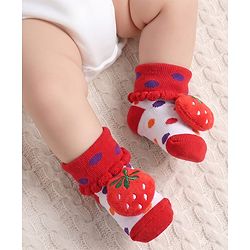 Cute Walk by Babyhug Fabric Ankle Length Socks Shoes with Polka Dots Design & Strawberry Applique- Red & White