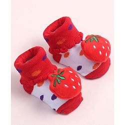 Cute Walk by Babyhug Fabric Ankle Length Socks Shoes with Polka Dots Design & Strawberry Applique- Red & White