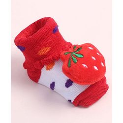 Cute Walk by Babyhug Fabric Ankle Length Socks Shoes with Polka Dots Design & Strawberry Applique- Red & White