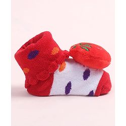 Cute Walk by Babyhug Fabric Ankle Length Socks Shoes with Polka Dots Design & Strawberry Applique- Red & White