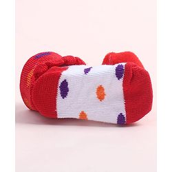Cute Walk by Babyhug Fabric Ankle Length Socks Shoes with Polka Dots Design & Strawberry Applique- Red & White