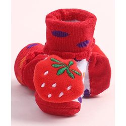 Cute Walk by Babyhug Fabric Ankle Length Socks Shoes with Polka Dots Design & Strawberry Applique- Red & White