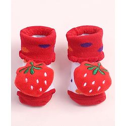 Cute Walk by Babyhug Fabric Ankle Length Socks Shoes with Polka Dots Design & Strawberry Applique- Red & White