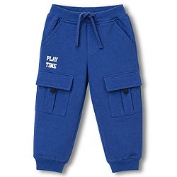 Babyhug 100% Cotton Terry Knit Full Length Text Printed Lounge Pant -Blue